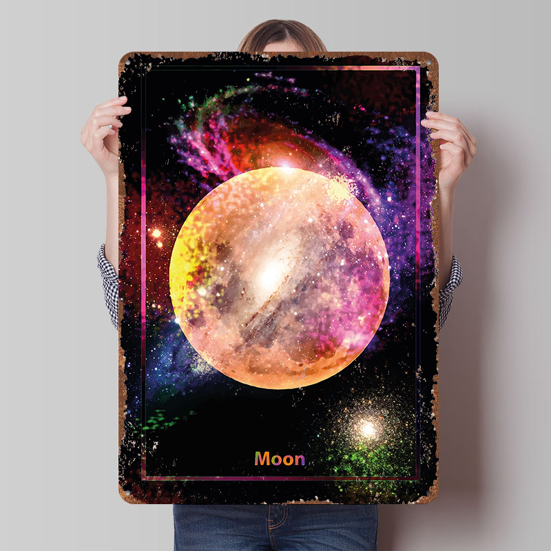 Retro Gaming Space - Poster in Metallo Luna Colorata nel